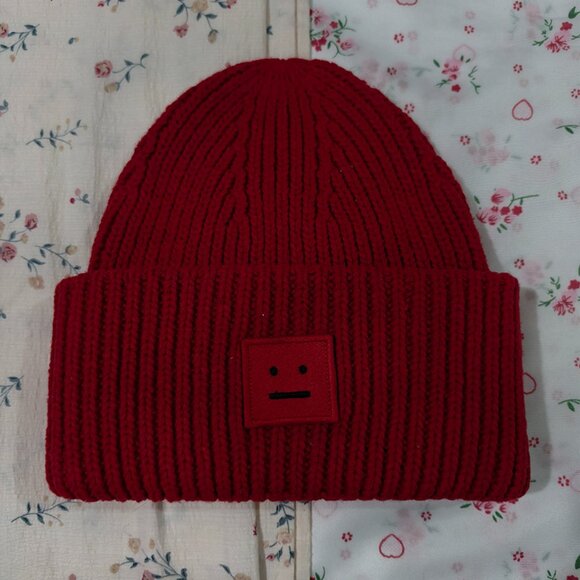 Acne Studios Red Smiley Face Square Logo Knit Hat